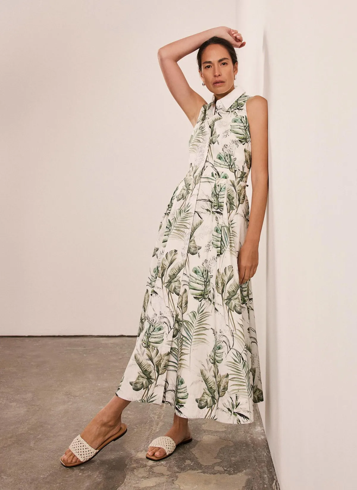Green Palm Print Midi Shirt Dress