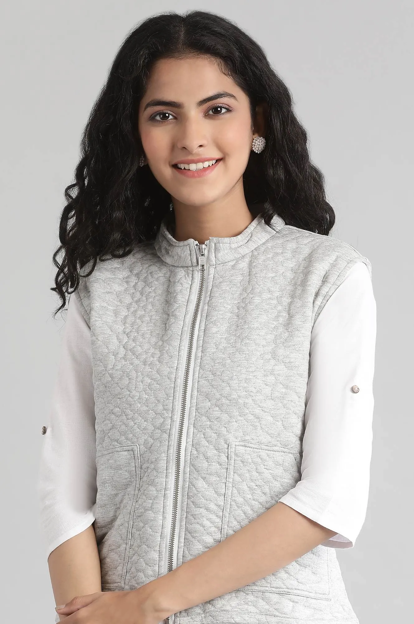 Grey Collar Neck Quilted Jacket
