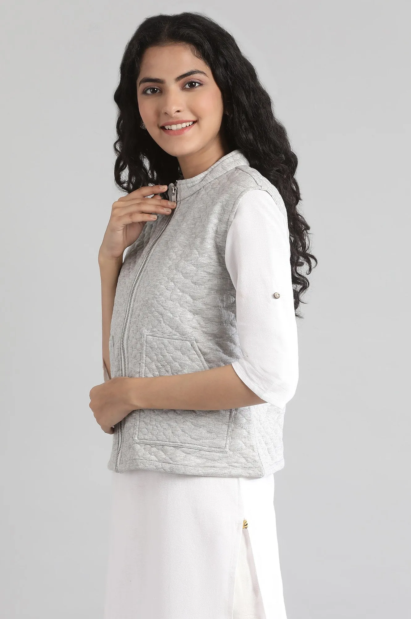 Grey Collar Neck Quilted Jacket