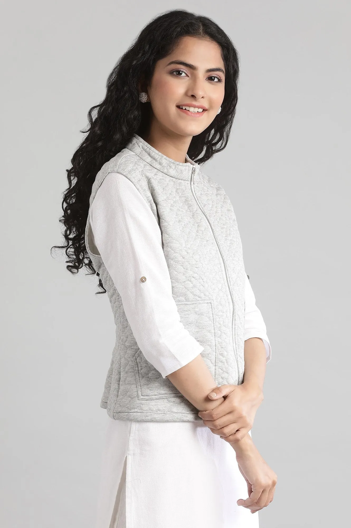 Grey Collar Neck Quilted Jacket