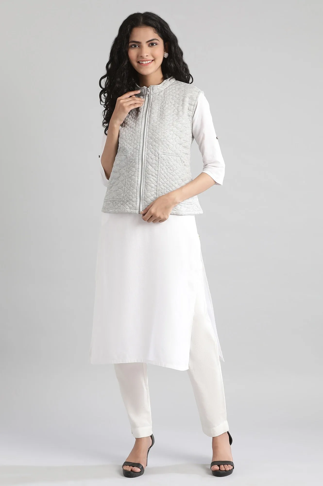 Grey Collar Neck Quilted Jacket