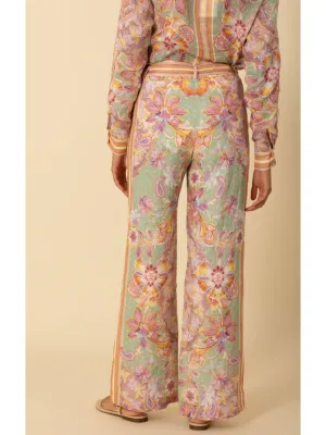 Hale Bob Fernanda Belted Wide Leg Border Print Linen Pant in Lime