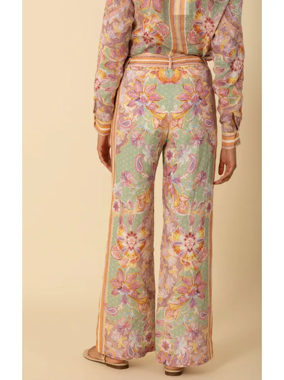 Hale Bob Fernanda Belted Wide Leg Border Print Linen Pant in Lime
