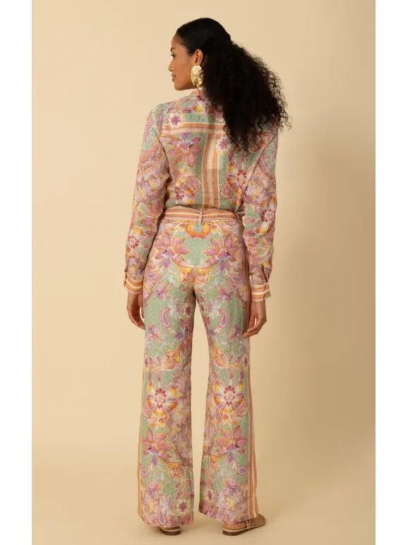 Hale Bob Fernanda Belted Wide Leg Border Print Linen Pant in Lime