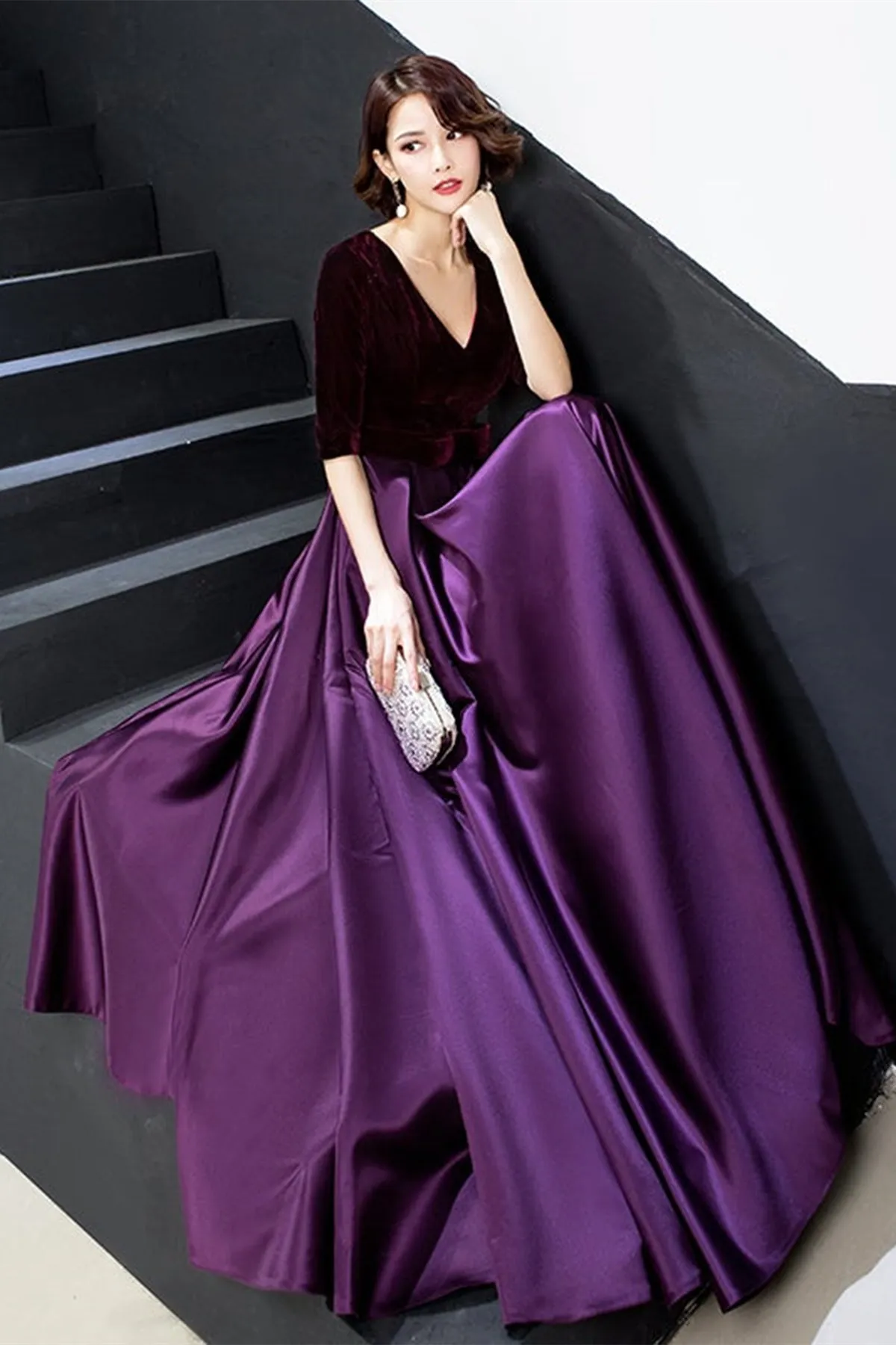 Half Sleeve V Neck Purple Velvet Long Prom Dress, V Neck Purple Formal Dress, Purple Velvet Evening Dress A1399