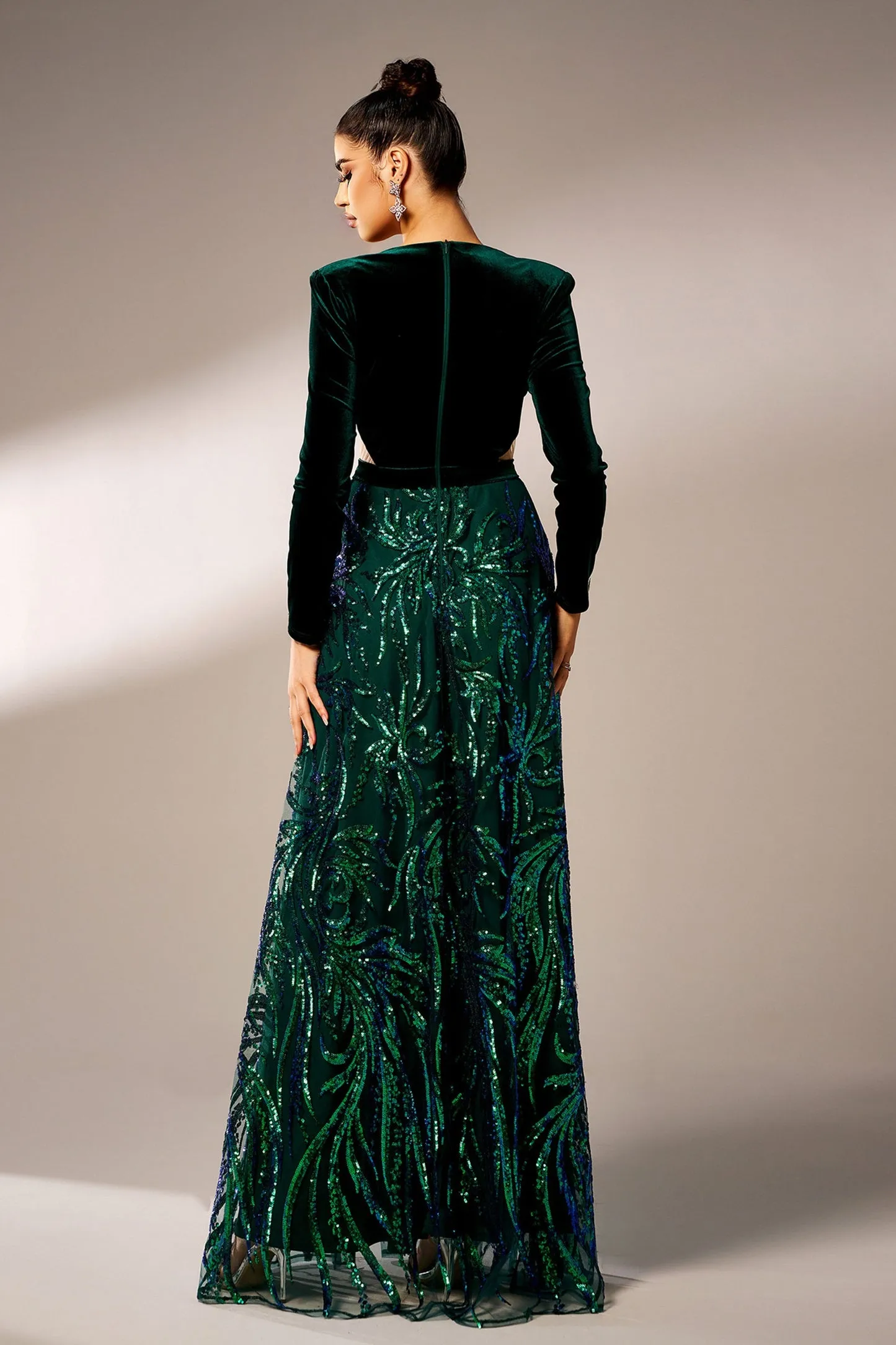High Slit Sequin Long Sleeve Maxi Dress In Green