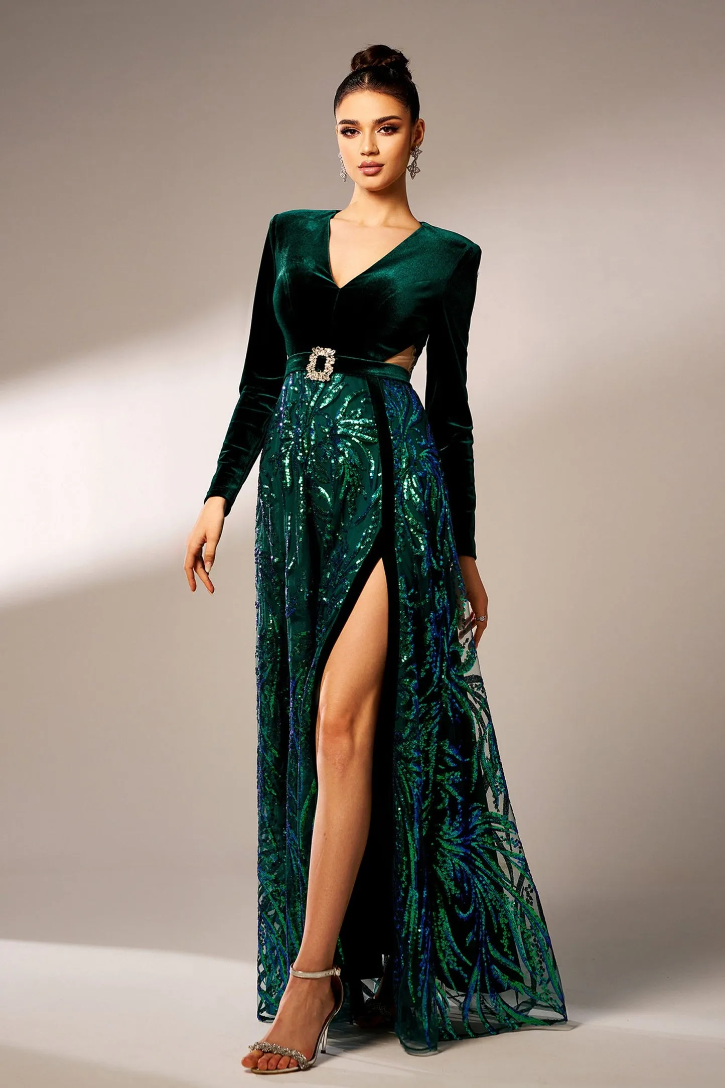 High Slit Sequin Long Sleeve Maxi Dress In Green
