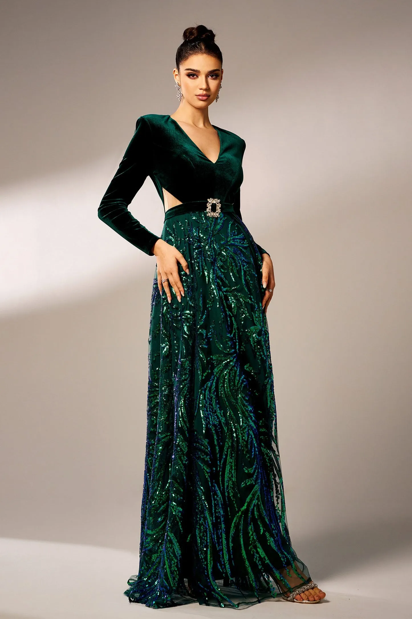 High Slit Sequin Long Sleeve Maxi Dress In Green