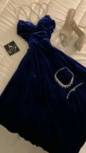 JazzHer Elegant A Line Royal Blue Velvet Slit Long Prom Dress Evening Dresses (PRE-ORDER)