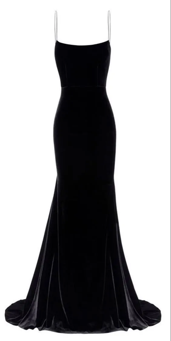 JazzHer Elegant Mermaid Spaghetti Straps Velvet Black Prom Dresses Long Evening Dress (PRE-ORDER)