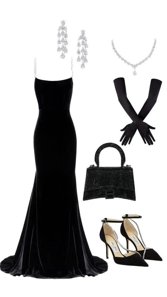 JazzHer Elegant Mermaid Spaghetti Straps Velvet Black Prom Dresses Long Evening Dress (PRE-ORDER)