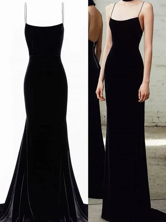 JazzHer Elegant Mermaid Spaghetti Straps Velvet Black Prom Dresses Long Evening Dress (PRE-ORDER)