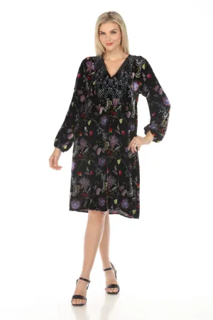 Johnny Was JWLA Inva Lucia Velvet Yoke Embroidered Dress Boho Chic J39623