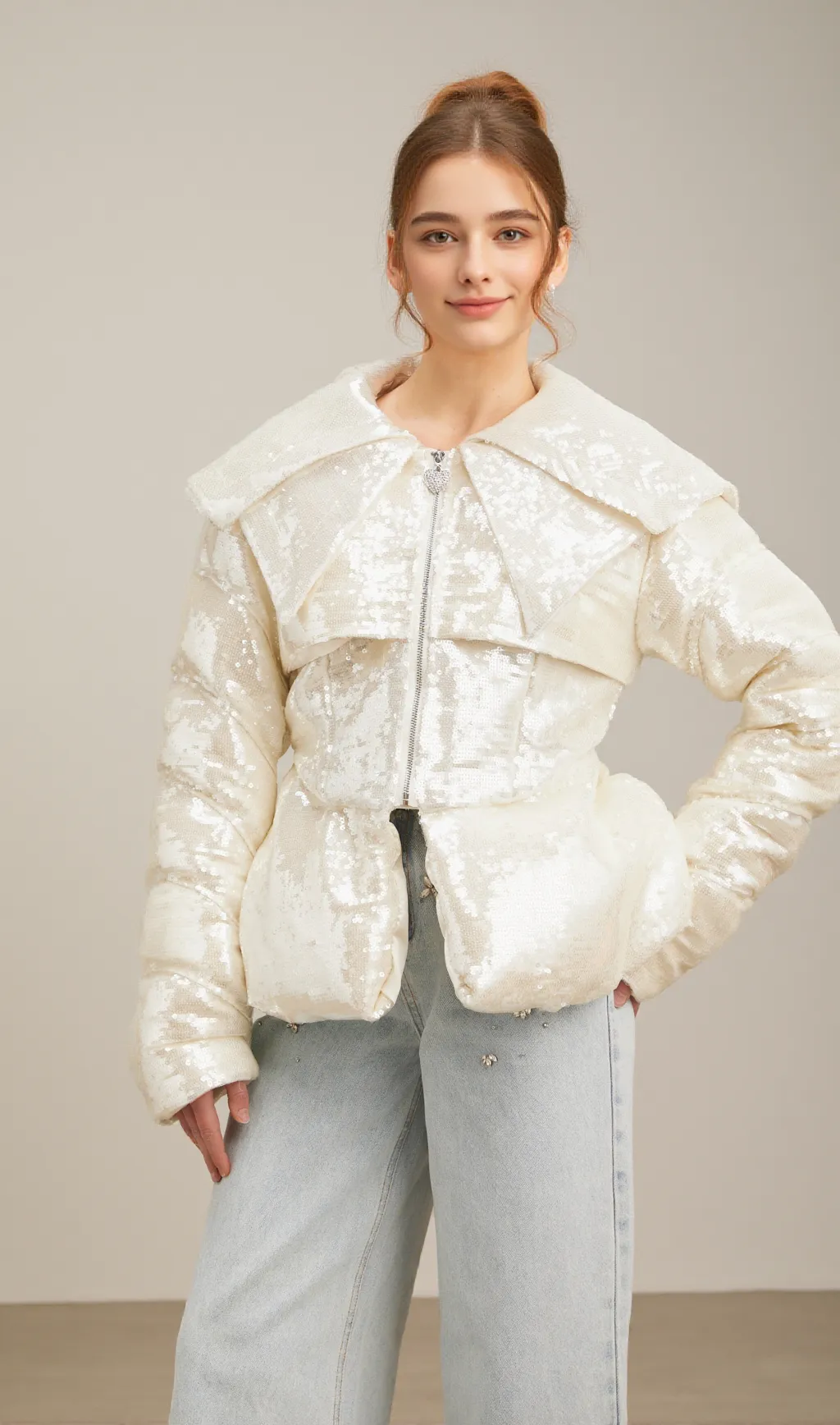 Joslyn white sequined down coat
