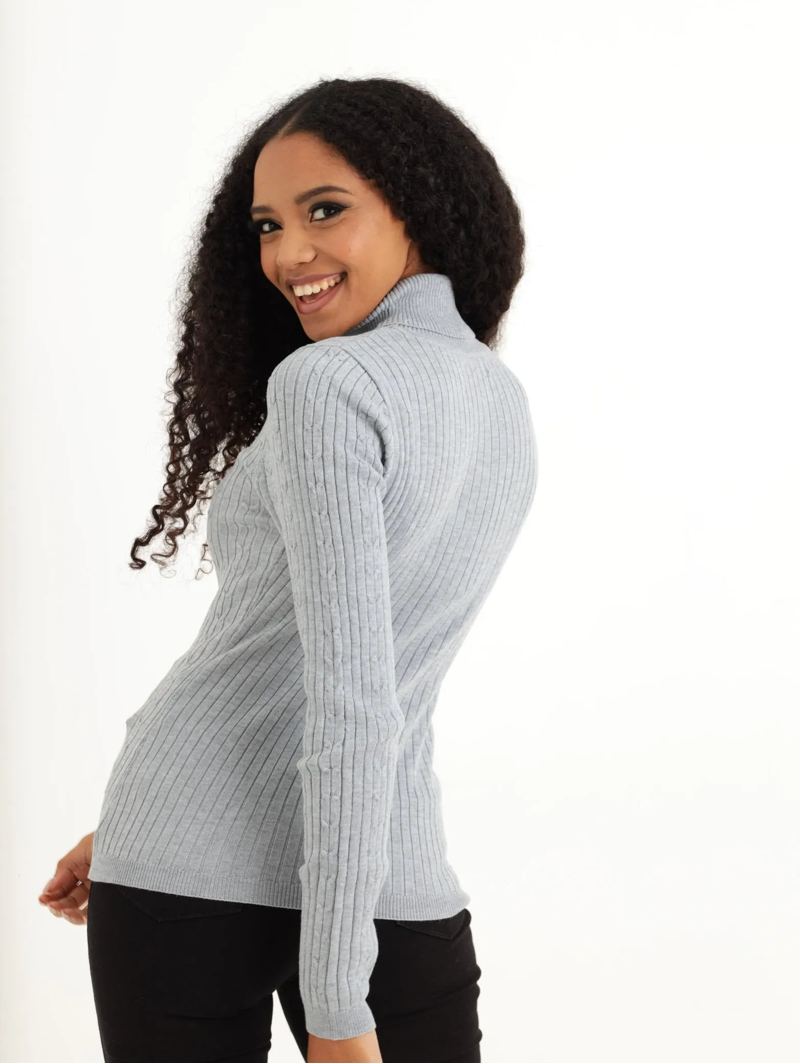 Ladies Baby Cable Poloneck Pullover - Grey Melange