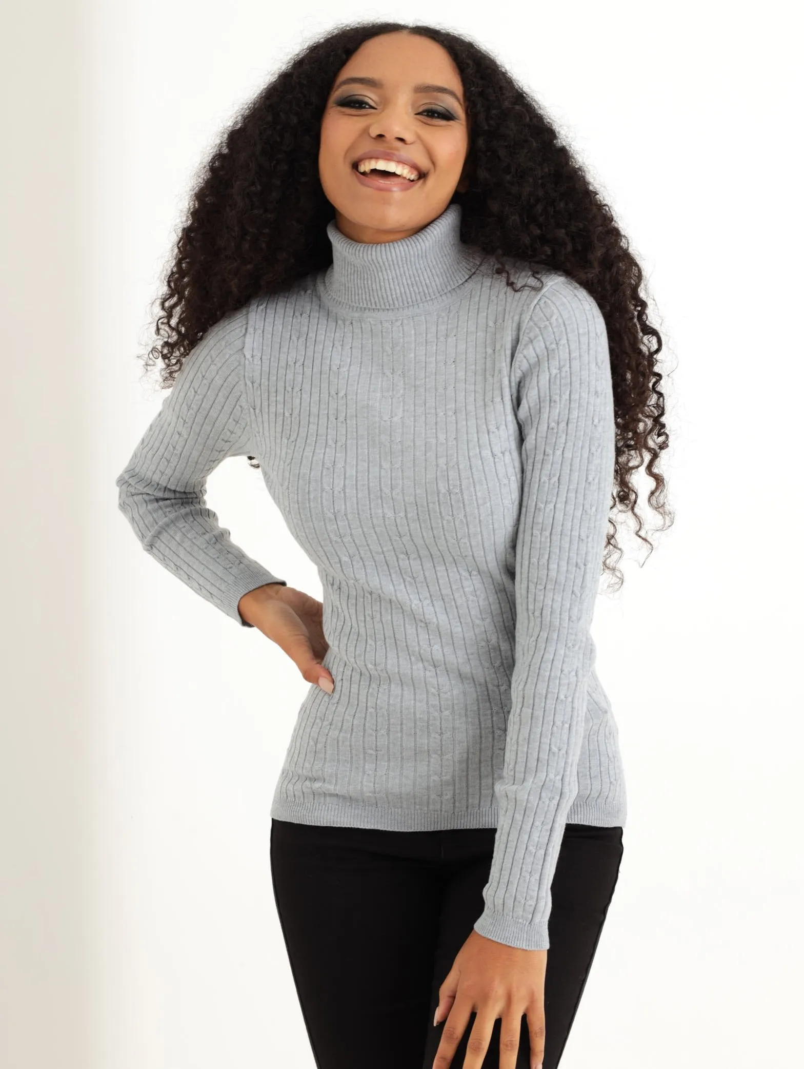 Ladies Baby Cable Poloneck Pullover - Grey Melange