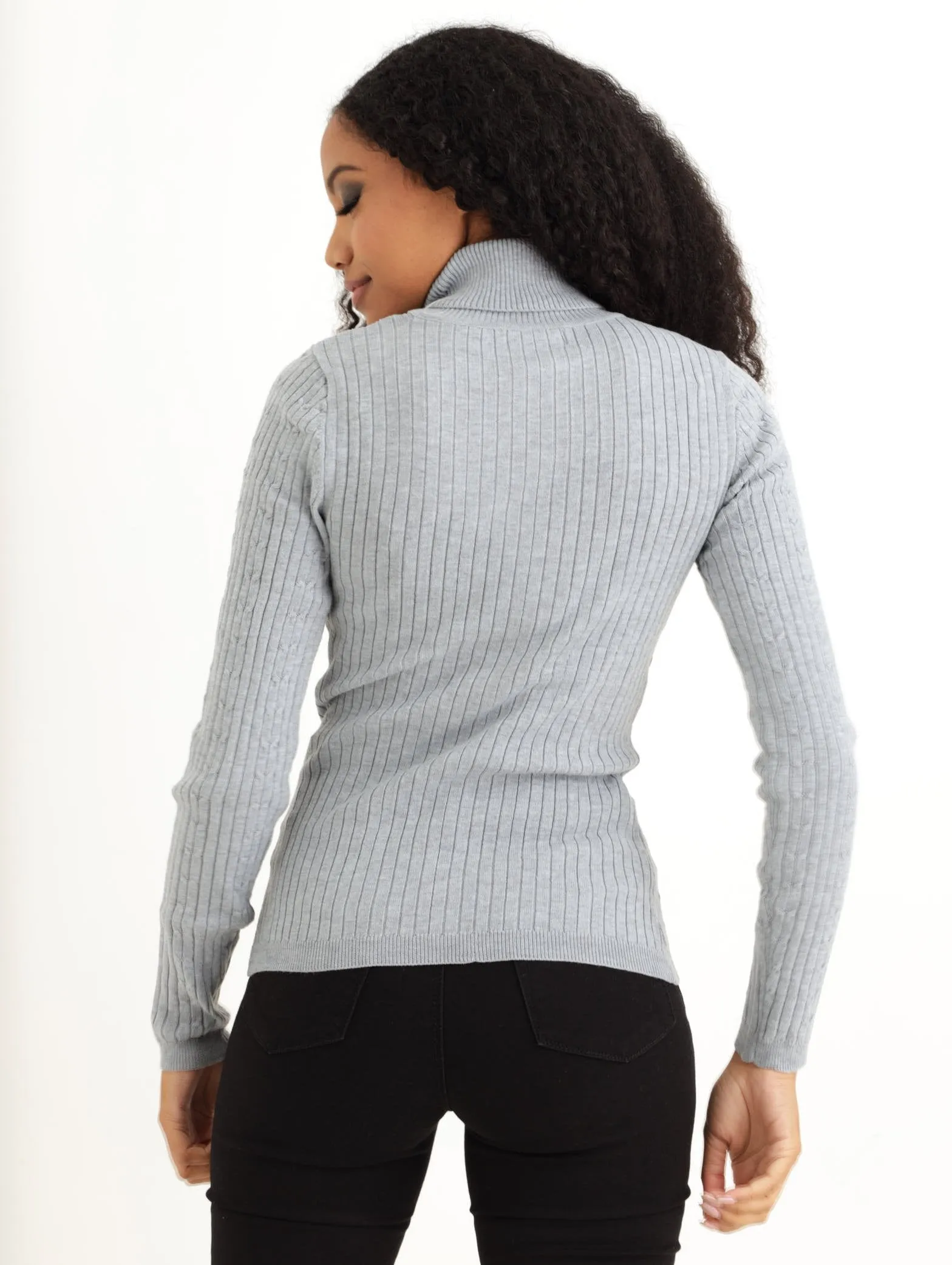 Ladies Baby Cable Poloneck Pullover - Grey Melange