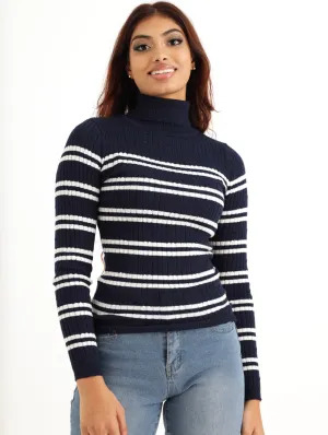 Ladies Baby Cable Poloneck Pullover - Navy/White