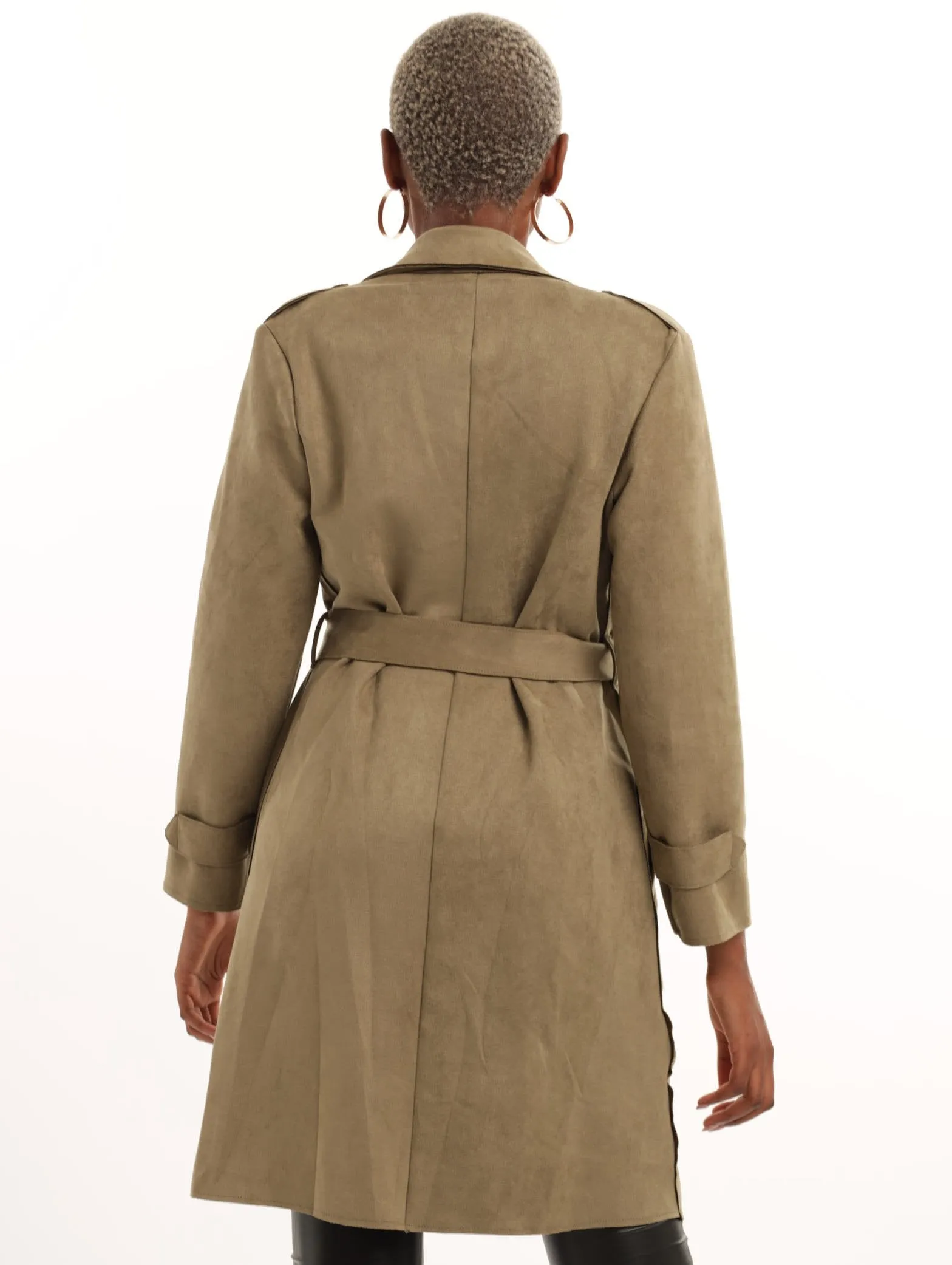 Ladies Collared Belted Suede Coat - Fatigue