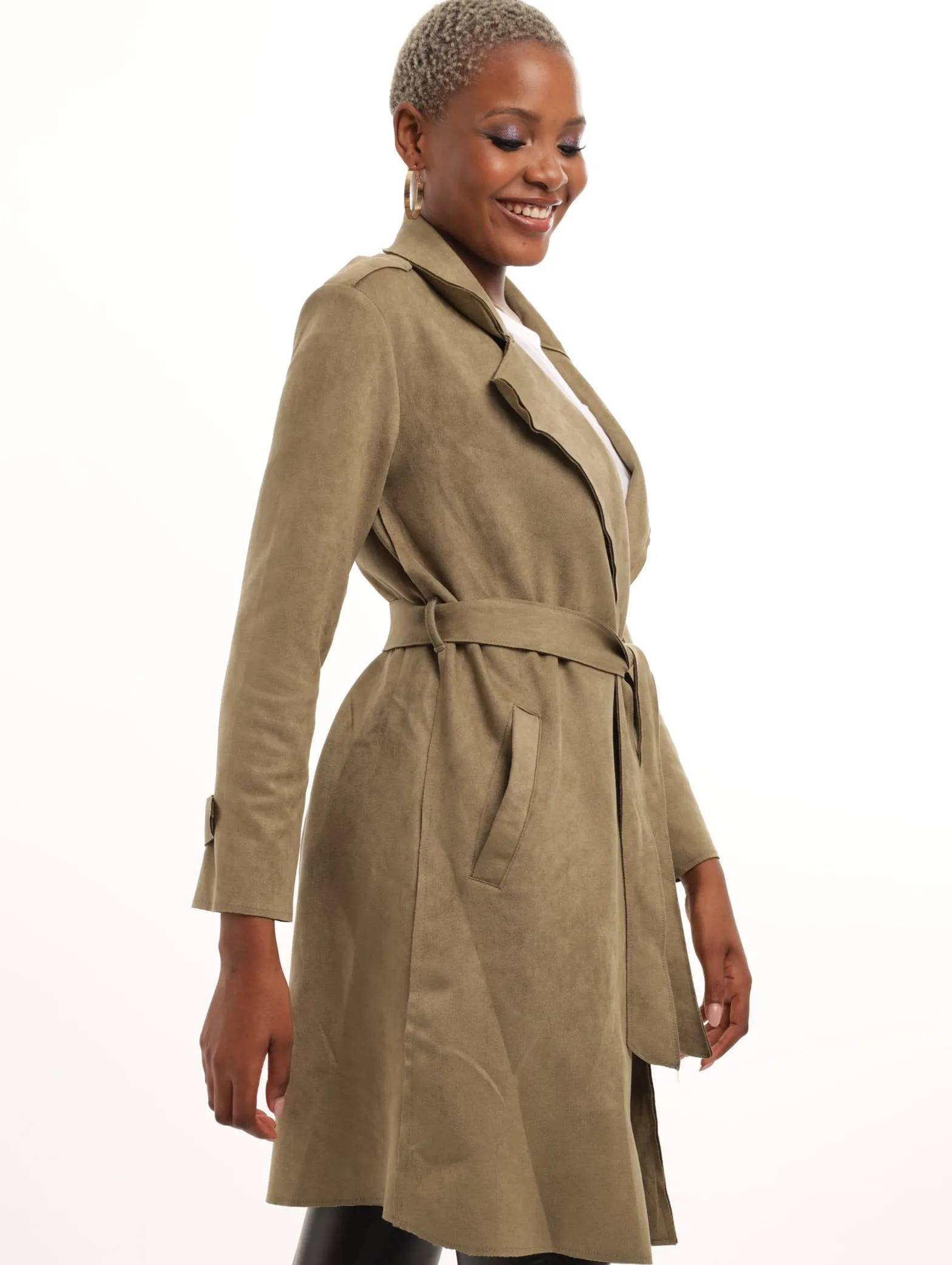 Ladies Collared Belted Suede Coat - Fatigue