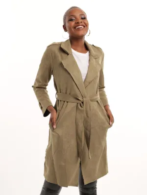 Ladies Collared Belted Suede Coat - Fatigue