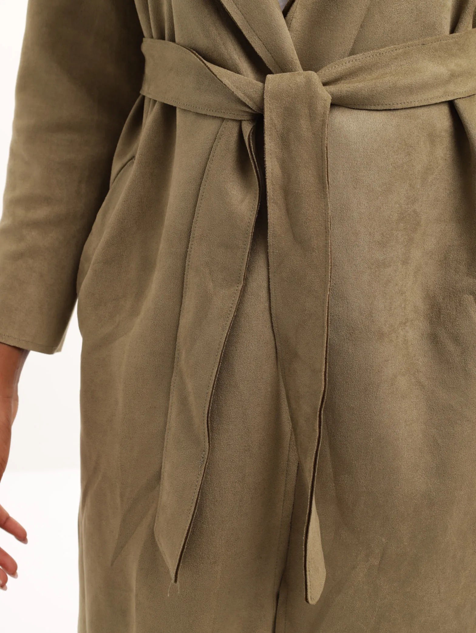 Ladies Collared Belted Suede Coat - Fatigue