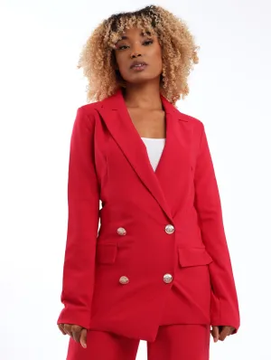 Ladies Gold Button Belted Blazer - Cherry