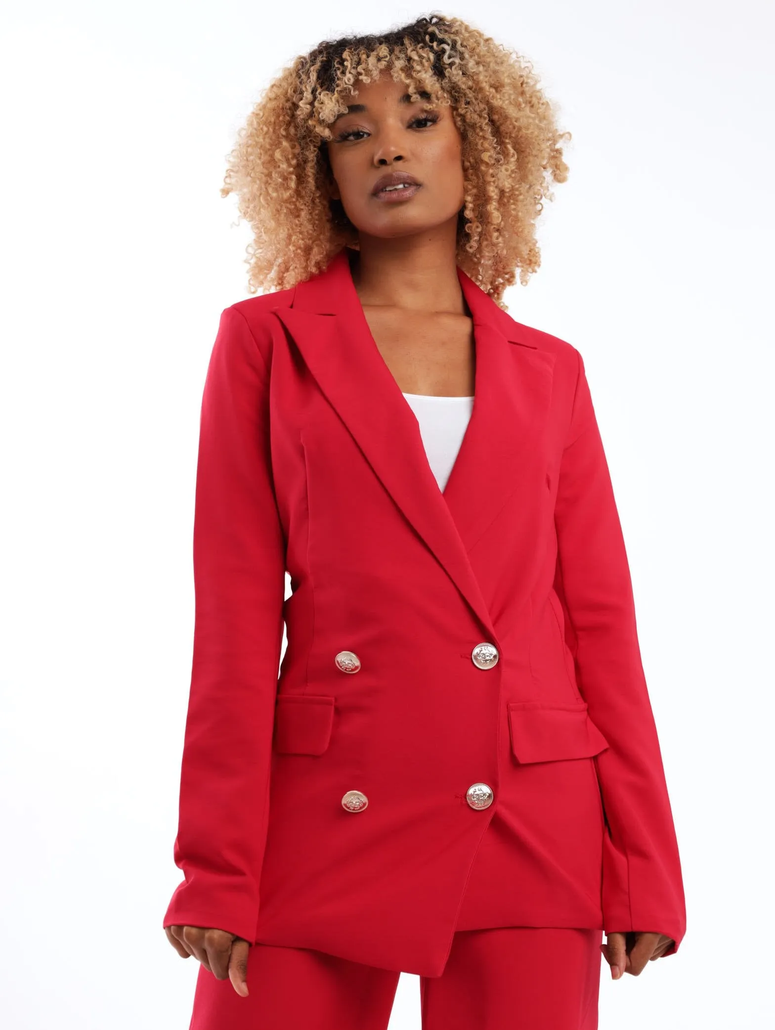 Ladies Gold Button Belted Blazer - Cherry