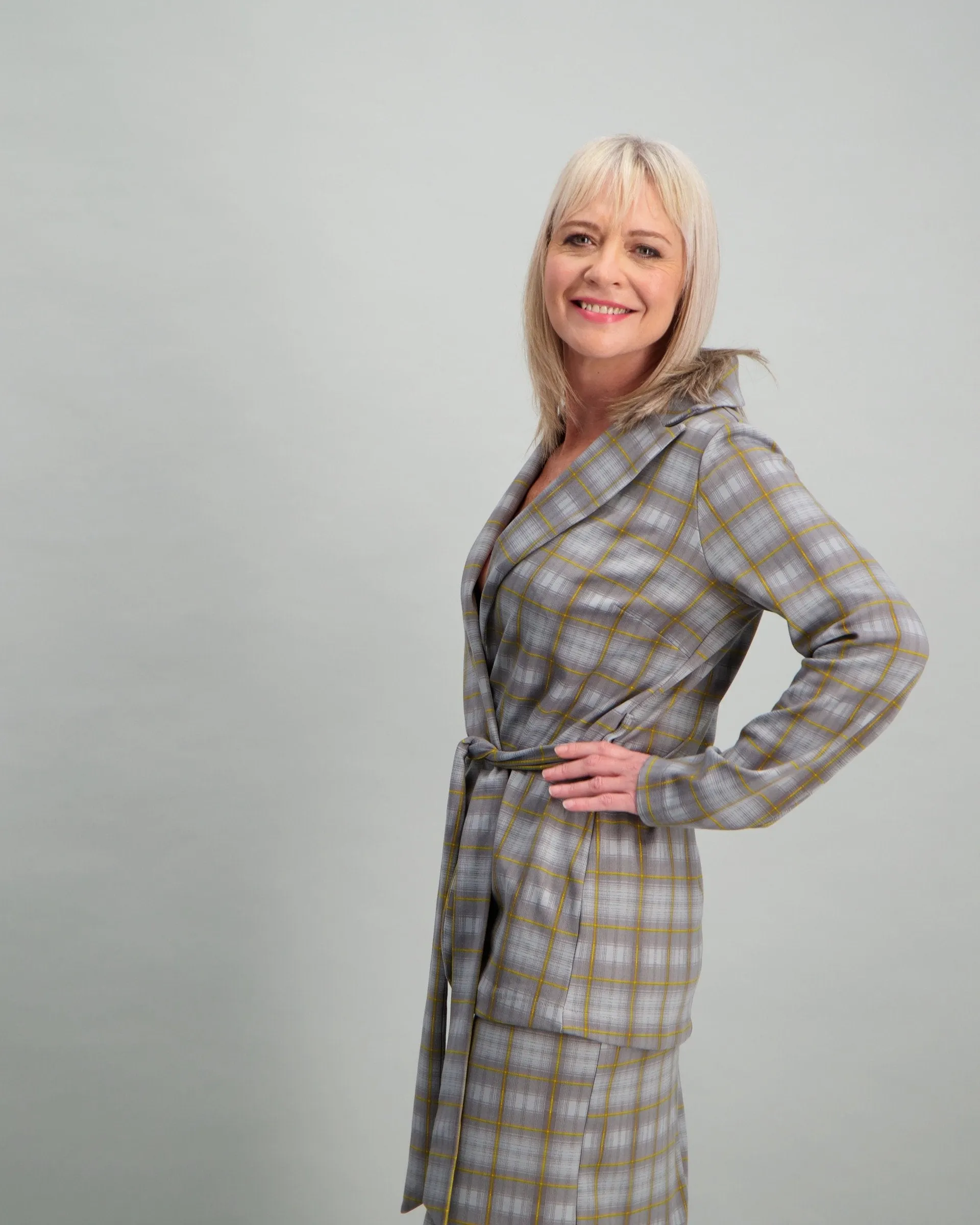Ladies Grey Jacket with Waist Tie - Check