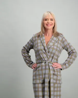 Ladies Grey Jacket with Waist Tie - Check