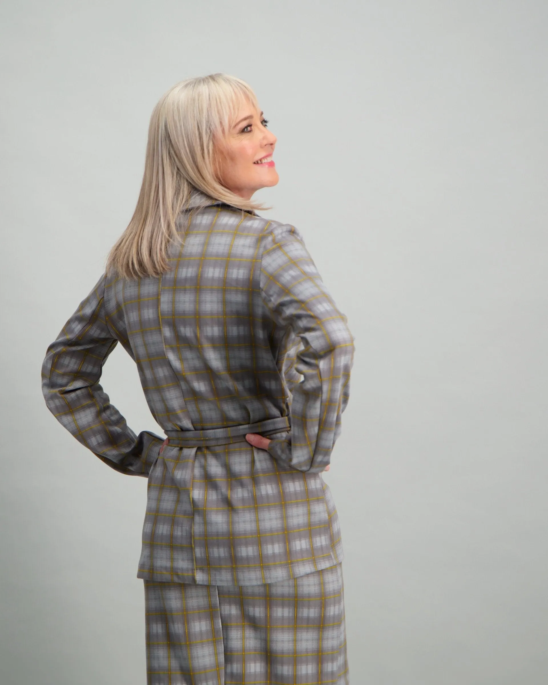 Ladies Grey Jacket with Waist Tie - Check