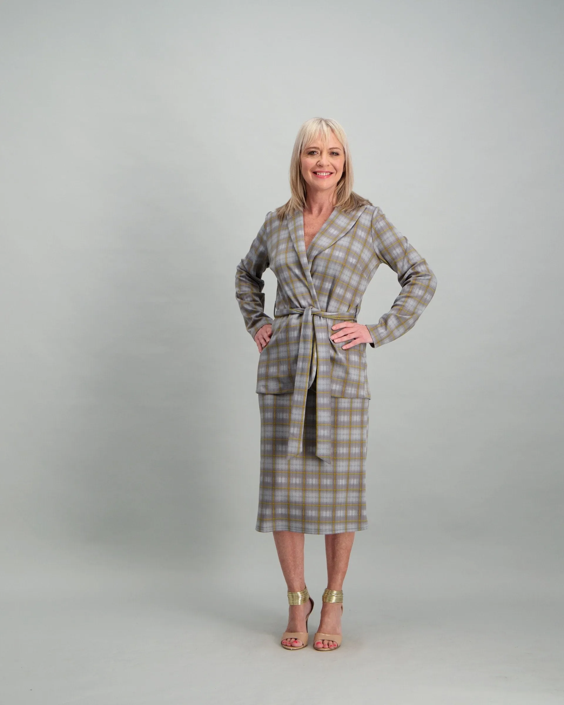 Ladies Grey Jacket with Waist Tie - Check