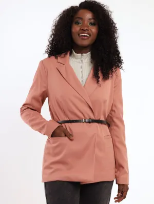 Ladies PU Belted Blazer - Dark Blush