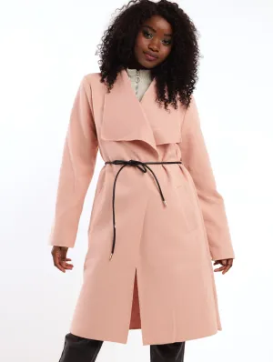 Ladies PU Belted Unlined Melton Jacket - Light Pink
