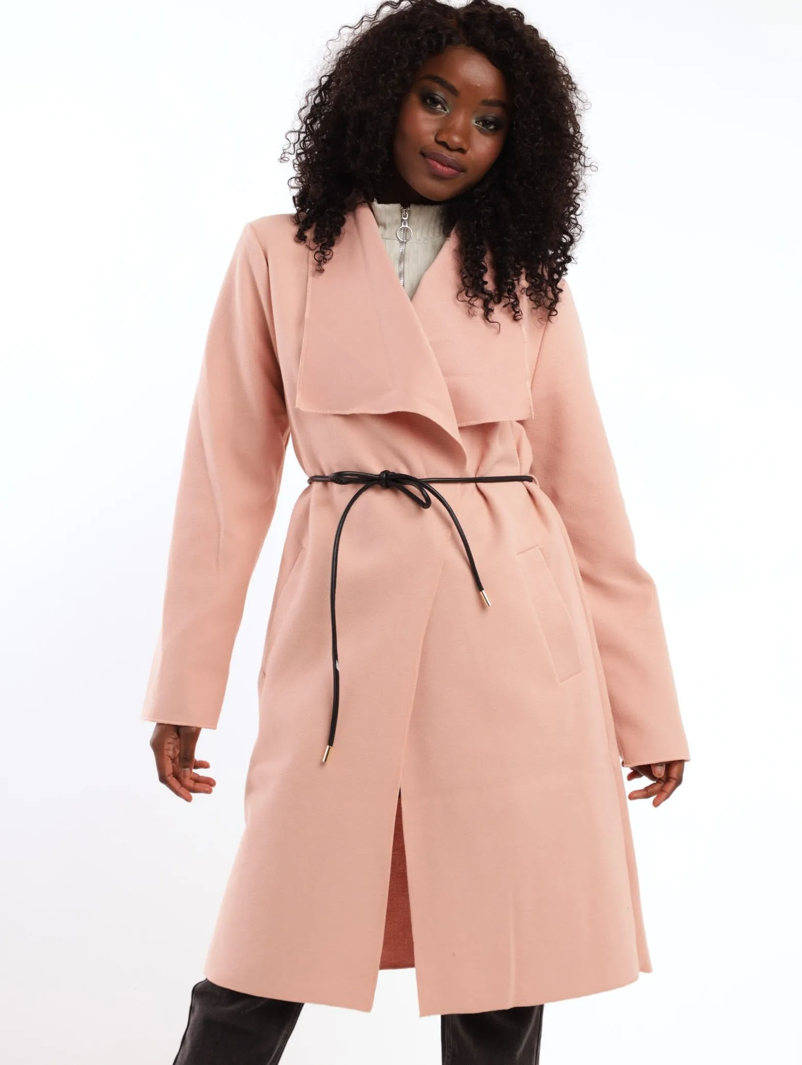 Ladies PU Belted Unlined Melton Jacket - Light Pink