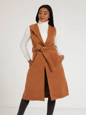 Ladies Sleeveless Belted Melton Jacket - Caramel