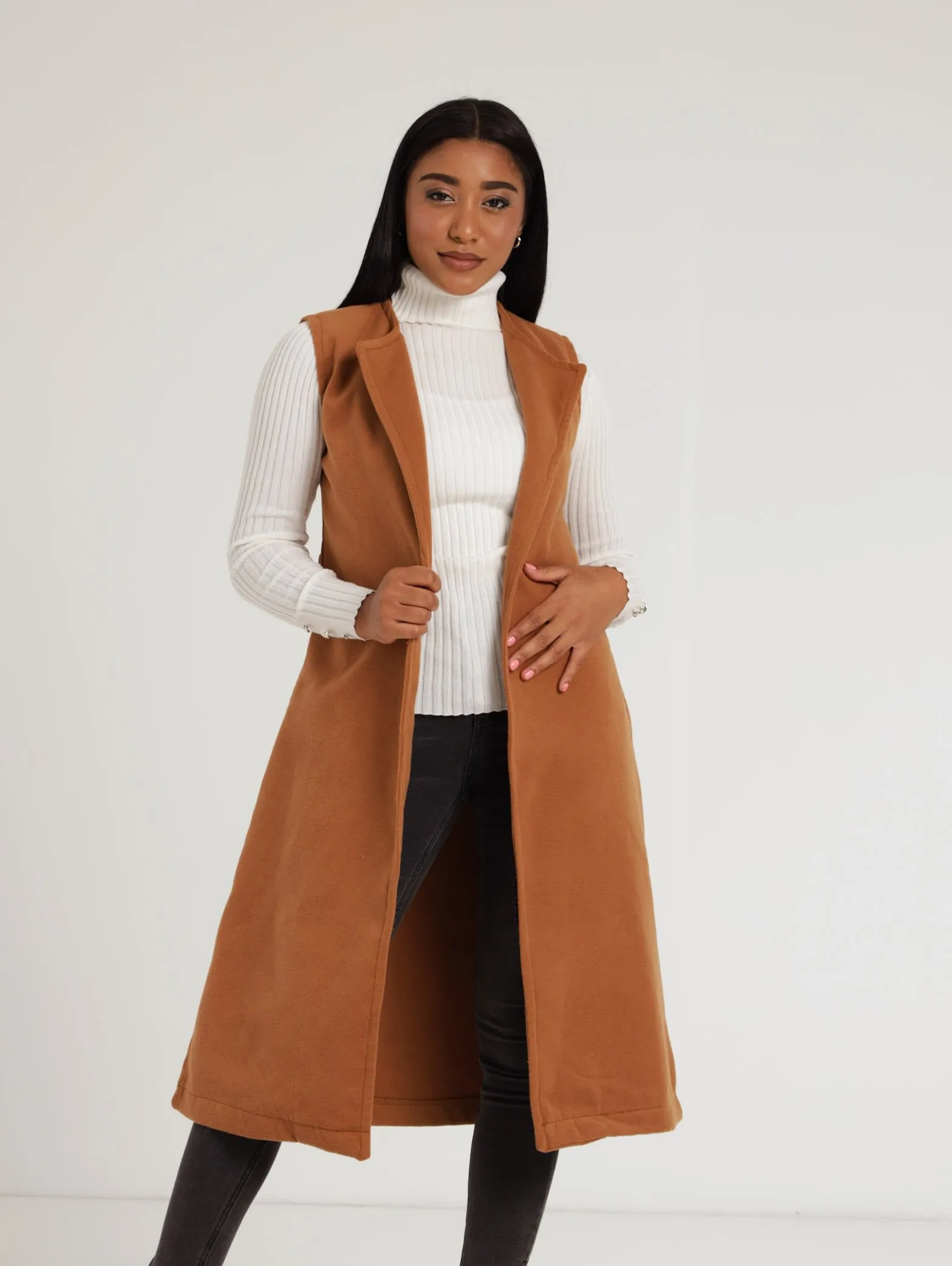 Ladies Sleeveless Belted Melton Jacket - Caramel