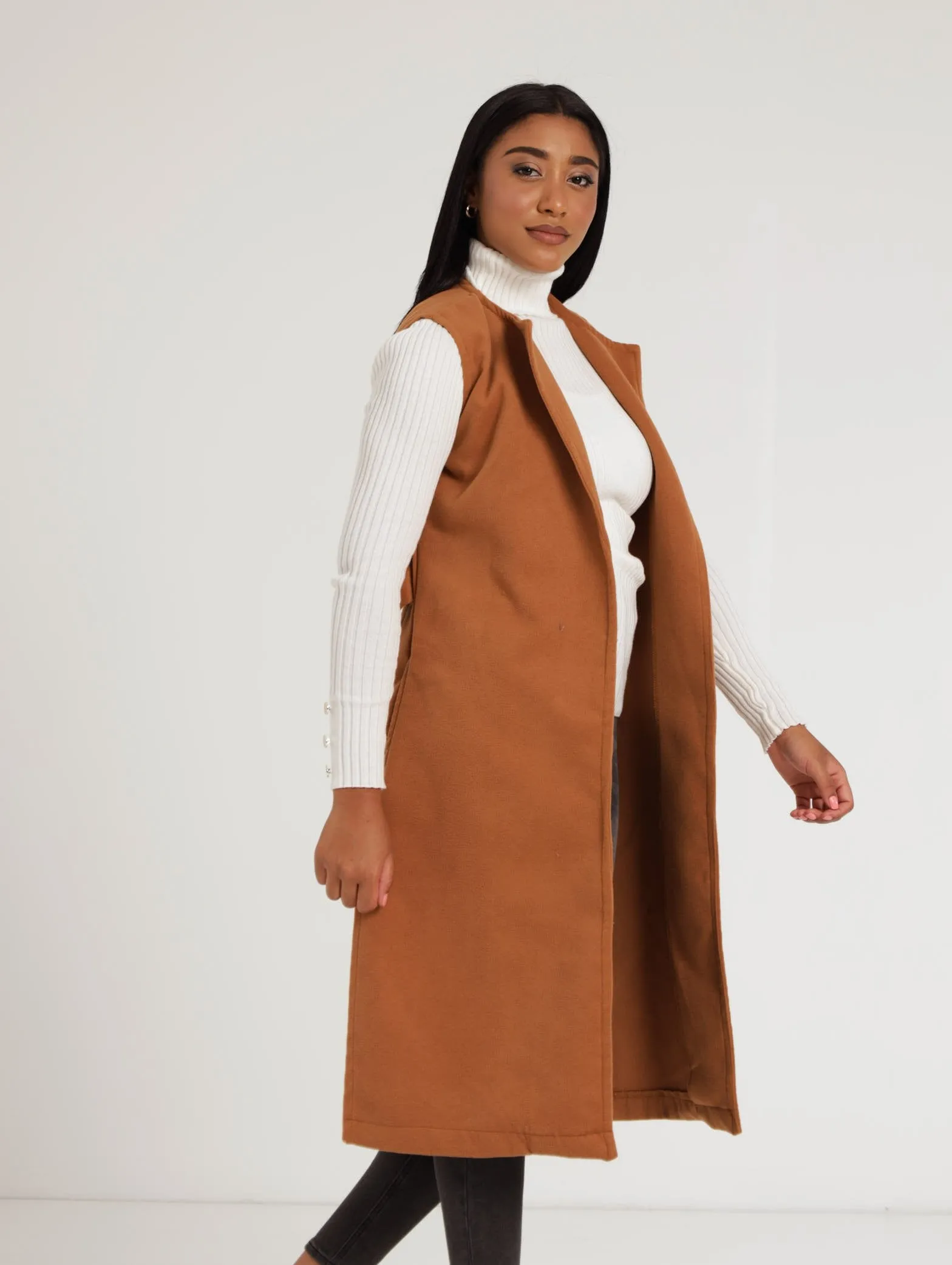 Ladies Sleeveless Belted Melton Jacket - Caramel