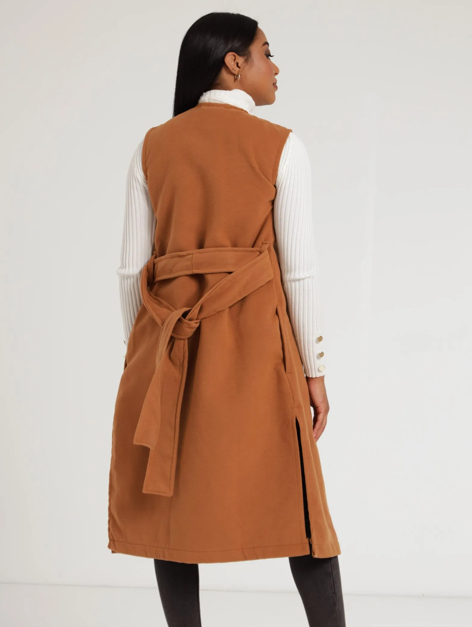 Ladies Sleeveless Belted Melton Jacket - Caramel