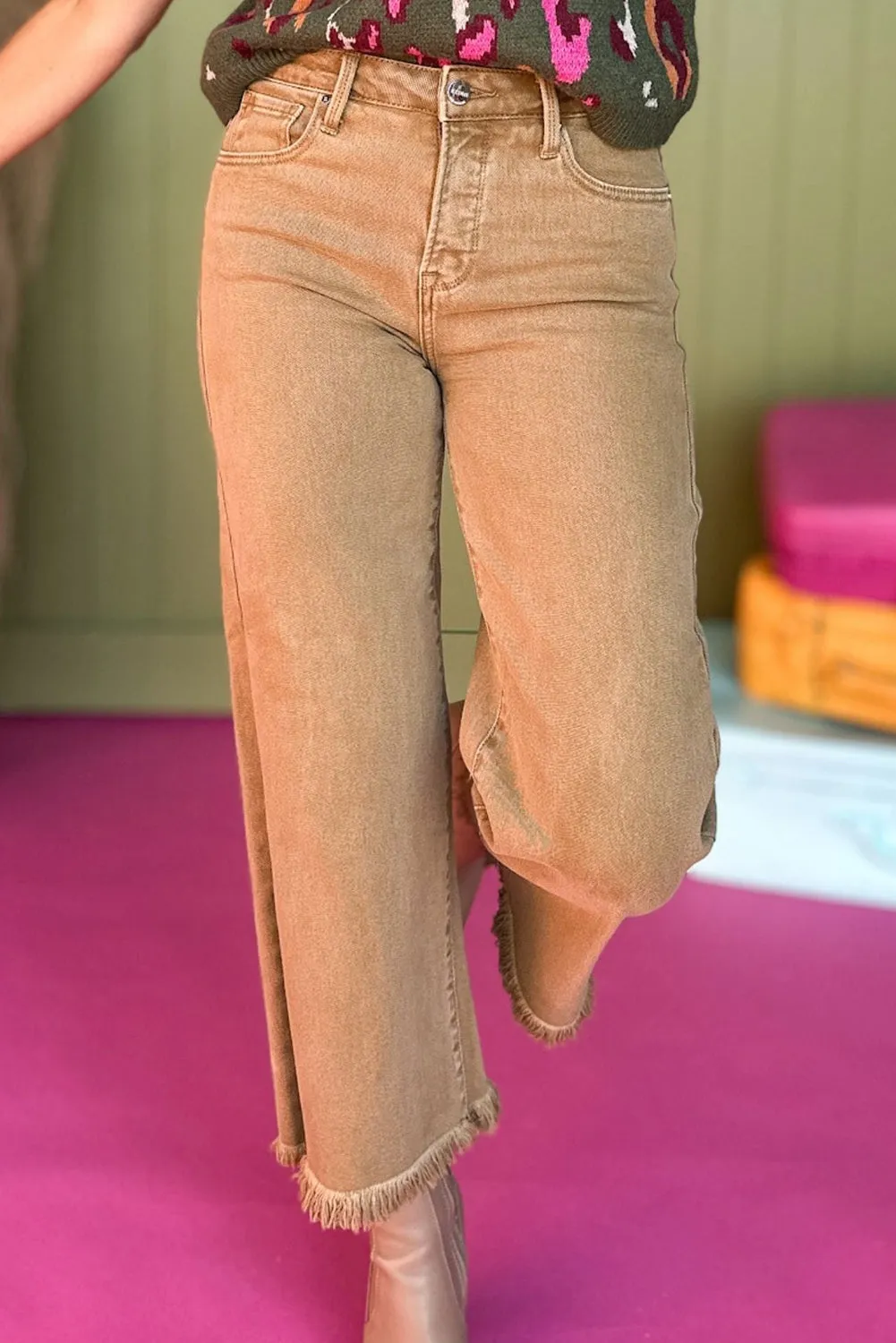 Light French Beige Acid Washed High Rise Cropped Wide Leg Jeans