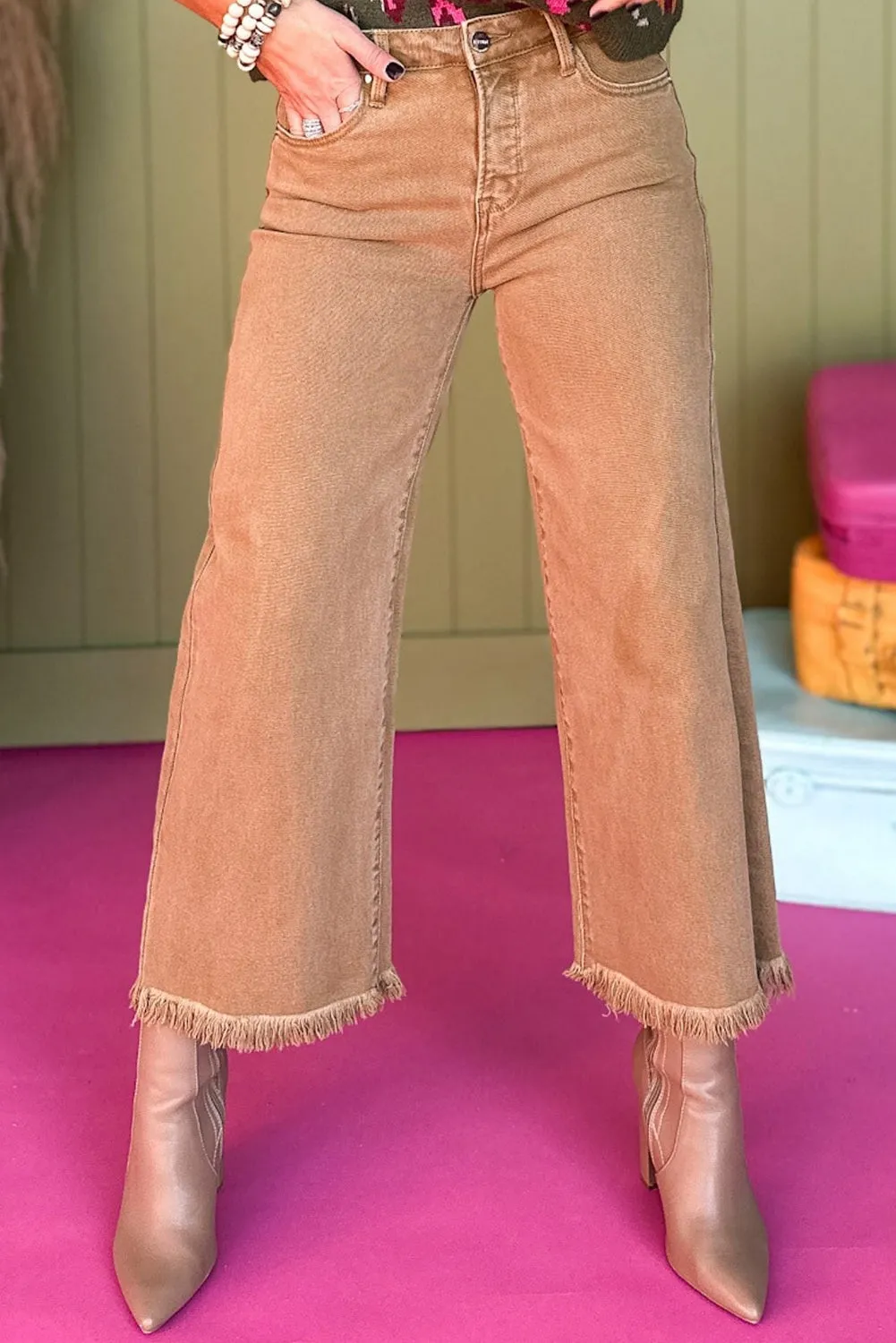 Light French Beige Acid Washed High Rise Cropped Wide Leg Jeans