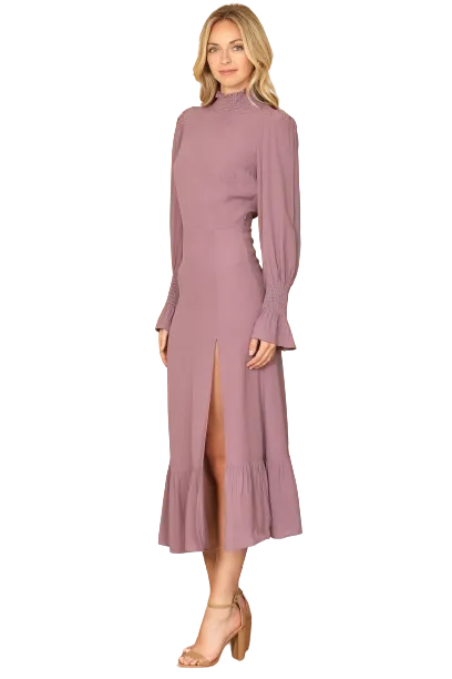 Lilac Smocked Neck and Long Sleeve Side Slit Solid Dress - Pack of 5