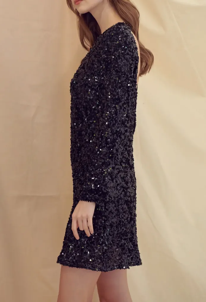 Long Sleeve Open Back Sequin Dress