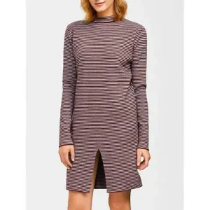 Long Sleeve Pinstripe Slit Dress - Wine Red One Size
