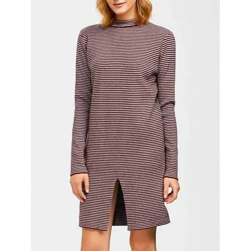 Long Sleeve Pinstripe Slit Dress - Wine Red One Size