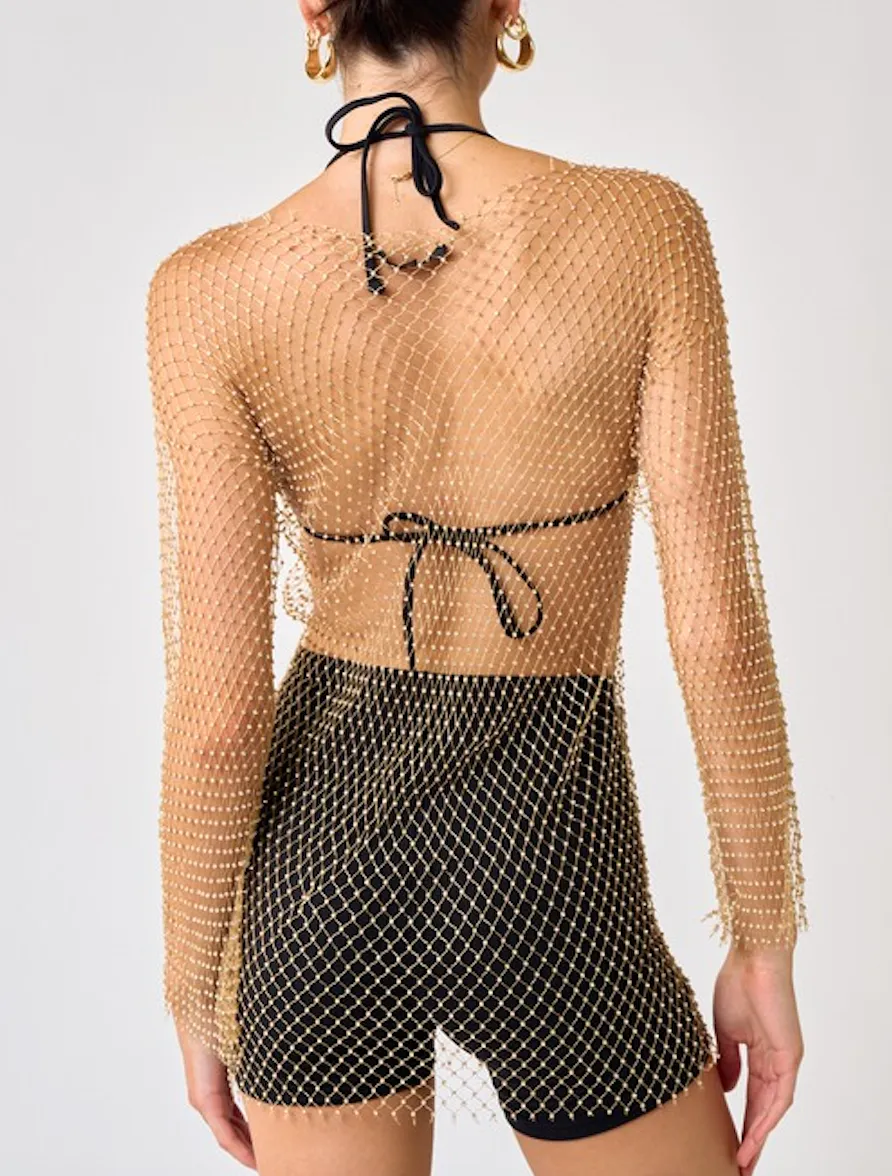 Long Sleeve Rhinestone Fishnet Dress