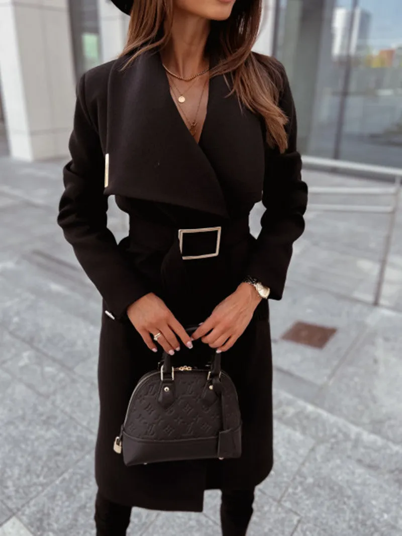 Long Sleeve V-Neck Overcoat with Belted Waist