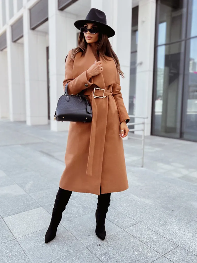 Long Sleeve V-Neck Overcoat with Belted Waist