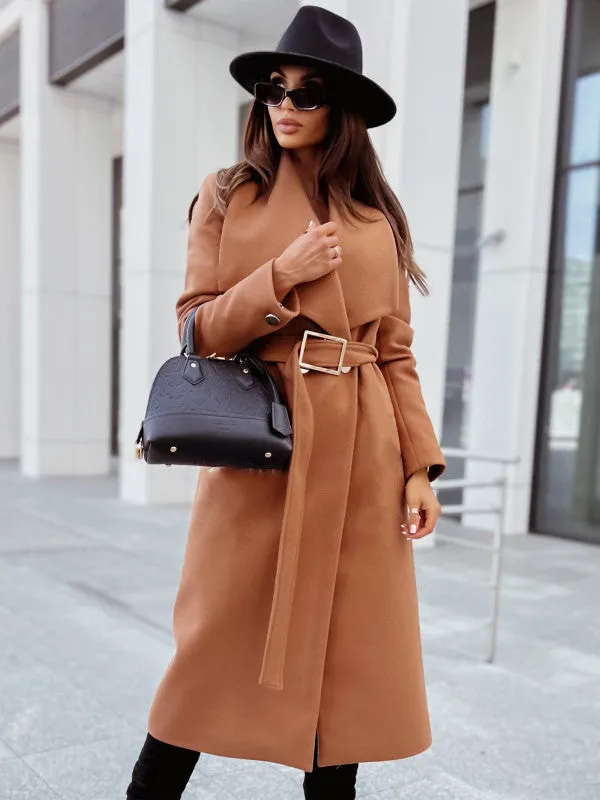 Long Sleeve V-Neck Overcoat with Belted Waist