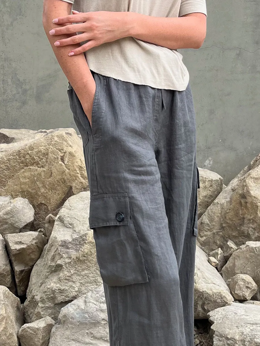 Mason Cargo Pant in French Linen - Ash